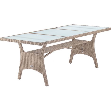 CASARIA® Mesa de Jardín de Poliratán 190x90x74cm Tablero de vidrio de seguridad estante ajustable en altura resistente a la intemperie Terazza Patio Crema (1/5)