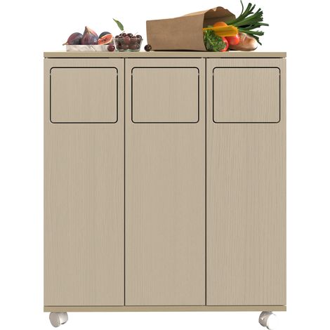 Armoire à déchets, meuble de tri des déchets à 3 compartiments, meuble de cuisine à roulettes aspect bois clair, meuble à 3 portes avec roulettes blanches, pour cuisine et salle à manger, 69,3x35x80cm (1/5)