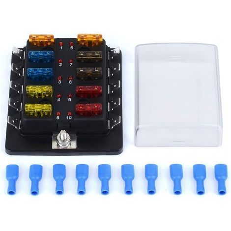 Boîte à fusibles de voiture 12 V 10 voies porte-fusibles 12 pièces ATC/ATO 5 A 7,5 A 10 A 15 A 20 A + 10 prises de fusibles à affichage LED pour voiture, bateau, marine, camion (10 voies) (1/5)