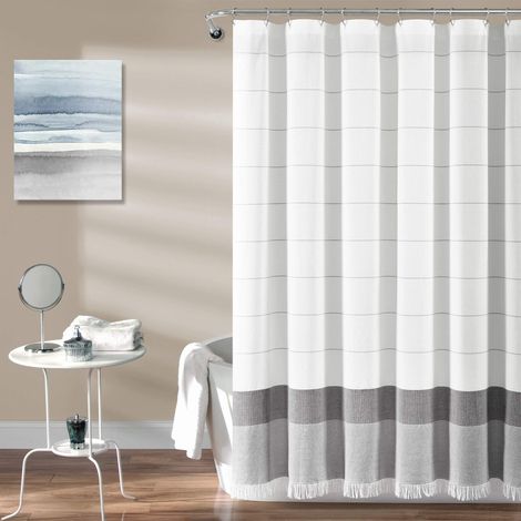 Rideau de Douche en Coton tissé Blanc avec Rayures Grises et Franges à Pompons, Accessoires de Salle de Bain (182,9 x 182,9 cm) (1/5)