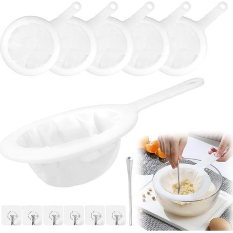 Lot de 6 passoires fines avec poignée, 80/100/120/200/300/400 mailles, passoire à cheveux de cuisine avec 6 crochets et 1 mélangeur, passoire en plastique kéfir, filtre entonnoir ultra fin pour jus (1/5)