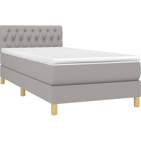 Estructura de cama LED con somier de láminas, cabecero, colchón 90x190cm, tela gris claro TDL0209467