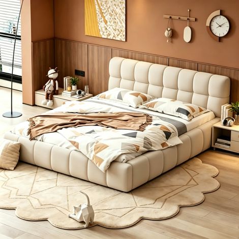 lit bubble 140x190, cadre de lit pour adulte, lit deux personnes, lit double, Lit rembourré 2 places en lin, beige, sans matelas (1/5)