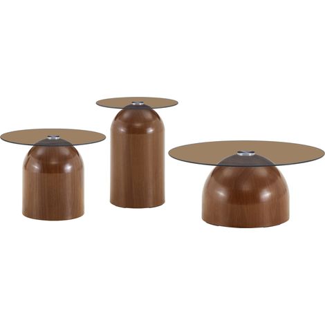 Ensemble 3 Tables Basses Rondes, Plateau Verre Trempé Brun, Structure Acier Carbonisé Noyer, pour Salon, Chambre, Café, Brun, Noyer (1/4)