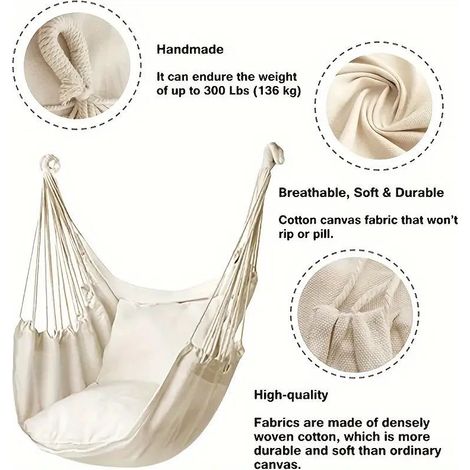 Fauteuil suspendu en toile de coton épaisse - Confortable - Adapté à l'extérieur - Plusieurs couleurs disponibles + 2 coussins