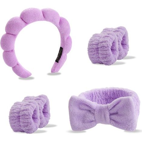 Bandeau spa pour femme, 2 bandeaux maquillage, 4 bracelets pour le nettoyage du visage, les soins de la peau, la douche et le démaquillage, violet (1/2)