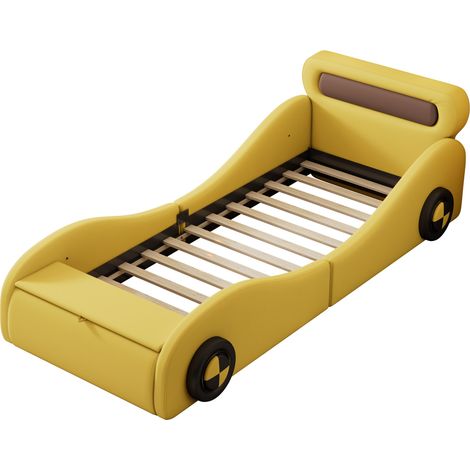 Cama infantil coche 90x200 cm amarilla en PU con almacenamiento y ruedas luminosas (1/5)