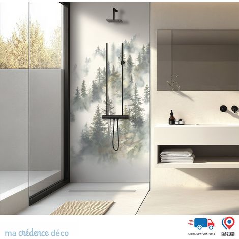 Panneau de douche : Forêt et brume - Couleur Vert olive foncé - Alu composite - 90 - 245 (1/3)