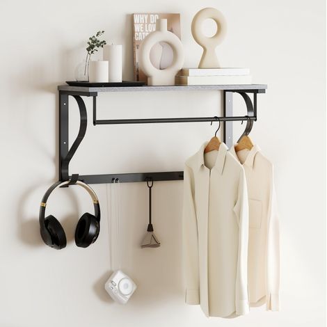 Porte-manteau mural avec 5 crochets, étagère supérieure et barre, gris OKMYHOME (1/5)