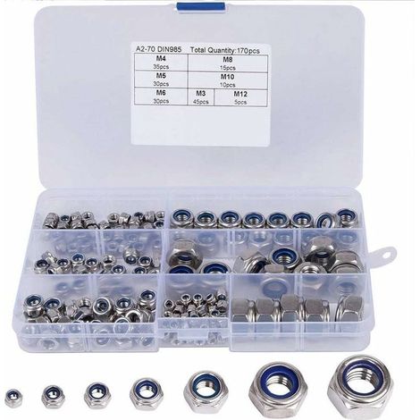 Ecrou Hexagonal, 170 Pièces Nylon Écrou De Blocage Assortiment Kit, Acier Inox Hexagonale Ecrous De Verrouillage, 304 Et Nylon Dimensions: M3, M4, M5, M6, M8, M10, M12 (1/4)