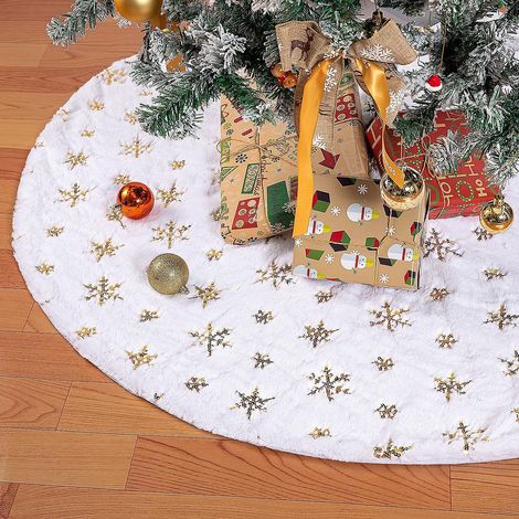 120cm Christmas Tree Skirt, White Faux Fur Christmas Tree Mat With Gold Sequin Snowflake For Christmas Decoration, Christmas Tree Decoration (1/5)