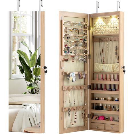 COSTWAY Armadietto per Gioielli con Illuminazione a LED Portagioie da Parete con Specchio, Chiudibile a Chiave, 35,5 x 10 x 120 cm (Naturale)