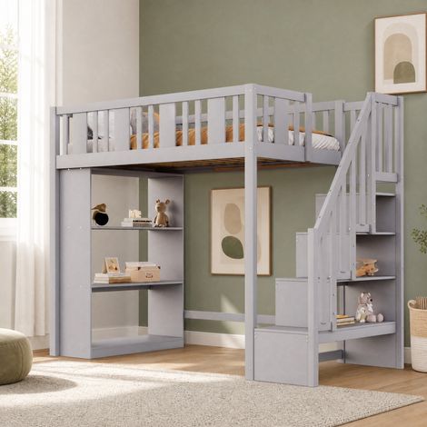 CHICFURN Cama alta infantil 90x200 cm de madera gris con escalera de almacenaje, sin colchón (1/5)