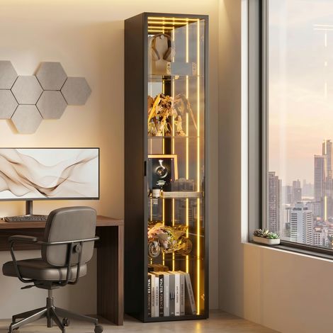 30 x 30 x 160 cm, Vitrine avec porte à cadre en aluminium, verre trempé, cinq compartiments, étagères réglables, barre lumineuse LED, charnières avec fonction soft-close, noir. (1/5)