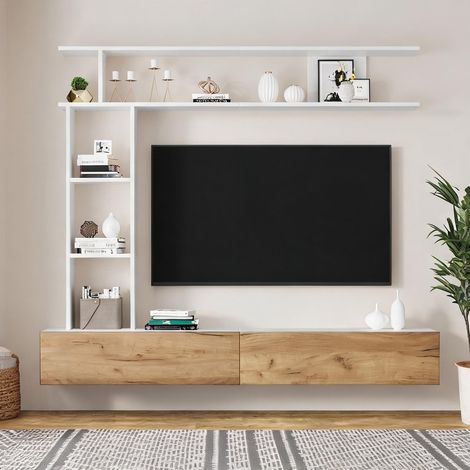 Ensemble TV mural et pose libre avec rangements blanc chêne (1/5)