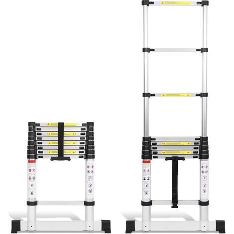 Jiubiaz Scala telescopica in alluminio da 2,6 m, scala a pioli diritta con stabilizzatore, portata massima 150 kg