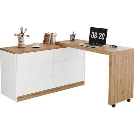 CHICFURN Scrivania angolare girevole 120x50 cm in truciolare bianco e rovere con contenitore (1/5)