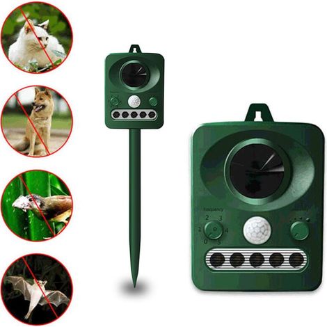 Repelente ultrasónico de aves solar para exteriores ZVD, con doble carga solar y USB, diseño impermeable, batería integrada, color verde hierba (1/4)