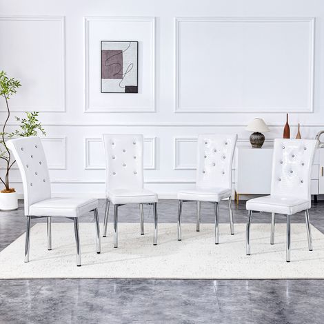 Juego de 4 sillas de comedor con diseño efecto piel de cocodrilo, detalles de cristal, PVC blanco y metal (1/5)