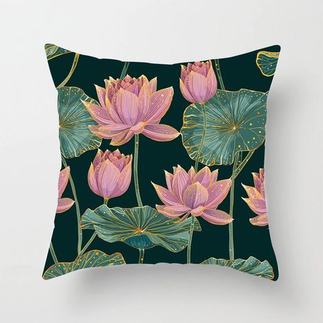 Taie D'oreiller Coton Linen Imprimé Lotus - Double Face - Pour Canapé Lit Chaise Bureau Extérieur - 40x40 cm (1/5)