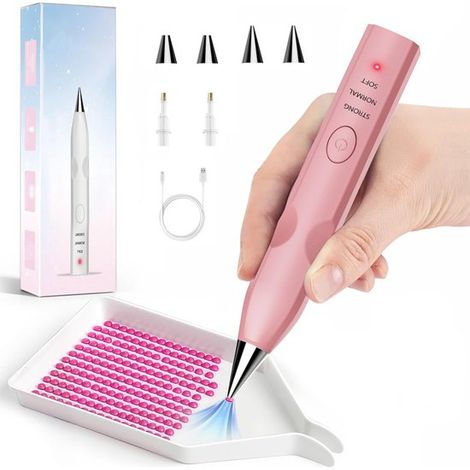 Lápiz eléctrico para pintura de diamantes，Lápiz para pintura de diamantes，Recargable，3 niveles de succión ajustables，Con 4 puntas de taladro，Rosa (1/5)