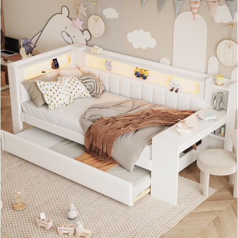FLORAGRACE Letto giorno 90x200 cm in MDF bianco con LED, USB, letto estraibile e scrivania integrata per studio e relax (1/5)