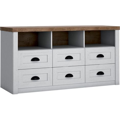 Buffet Léandre mit 6 Schubladen, Weiß und Holzoptik, 130.2cm
