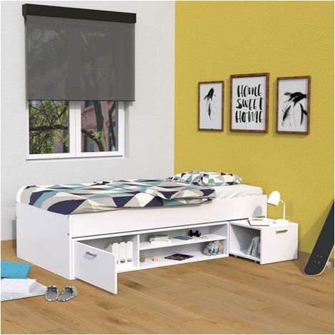 Le Quai Des Affaires – Lit TESS 90x200 – Chambre d'enfant complète – Chevet 40x30x40 cm – Étagère avec rangement – Structure en panneau de particules blanc