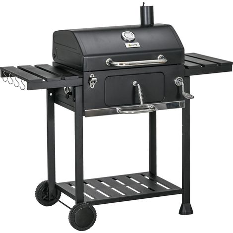 Barbecue a Carbone con Coperchio con Termometro, Griglia Regolabile, Ruote e Tavolini, Nero
Barbecue au charbon avec couvercle et thermomètre, grille réglable, roues et petites tables latérales, noir