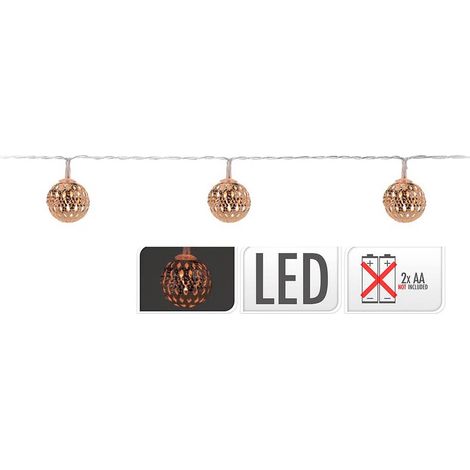 GUIRNALDA A PILAS FIJA 10 LEDS CON BOLAS COLOR COBRE LUZ BLANCO CALIDO 1,3m