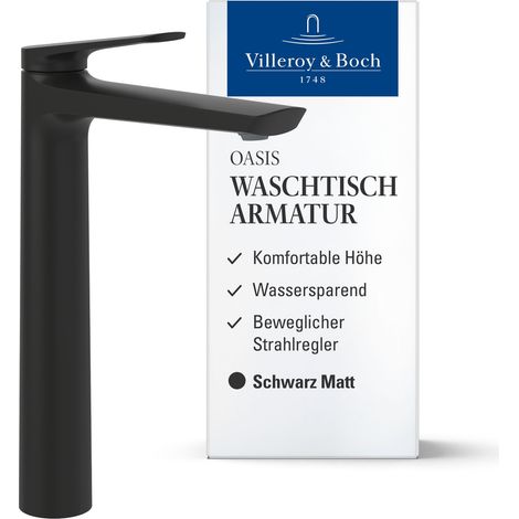 Villeroy & Boch Oasis Waschtischarmatur erhöht, ohne Zugstange, Wasserhahn Bad mit Keramikkartusche, Waschbeckenarmatur wassersparend, Auslauf Höhe 245mm, rund, Matt Black (1/5)