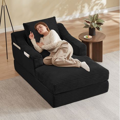 REDOM - Sillón lounge convertible, diseño de doble capa, cojín extraíble, espuma de alta densidad, negro (1/5)