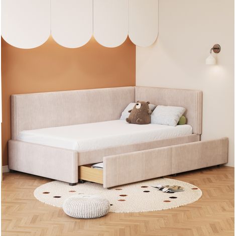 Cama divan 90x200 cm beige tapizada, con 2 cajones y somier de lamas (1/5)