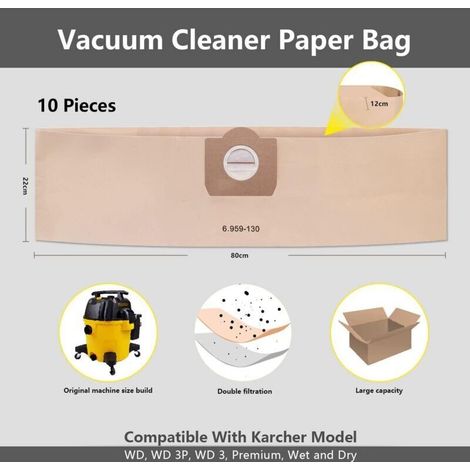Lot de 10 sacs d'aspirateur pour Karcher 6.959-130.0 WD3 WD3P MV3 A2204 A2254 A2604 Sacs Filtrants en Papier de Rechange pour Aspirateur Wet & Dry, Sac à poussière pour aspirateurs Kärcher (1/4)
