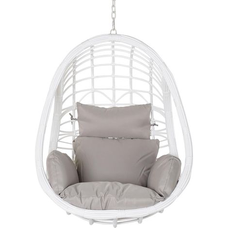 Fauteuil de jardin suspendu en rotin synthétique blanc avec coussin gris - Largeur 90 x Hauteur 110 x Profondeur 65 cm -PEGANE- (1/4)
