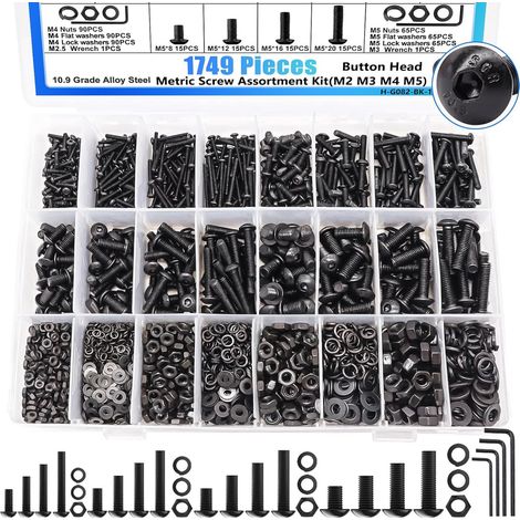 Kit de Visserie Noire 1749 Pièces, Vis BTR à Tête Bombée Six Pans Creux en Acier Carbone 12.9 avec Écrous et Rondelles, Assortiment de Vis Allen M2 M3 M4 M5, Coffret de Vis Noires pour Bricolage, Répa