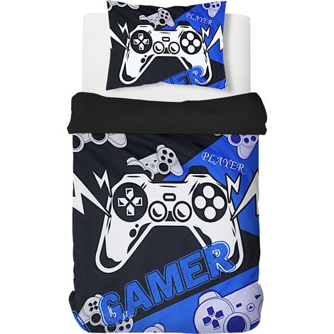 Housse de Couette 140x200 cm pour Enfant Garçon, Parure de Lit Enfant Imprimée Gamer Manette de Jeu, 1 Taie d'Oreiller 50x75 cm