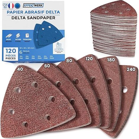 Sandpaper - 6 Holes - Triangular Sanding Pads 93 x 93 x 93 mm for Triangular Sanding Machines - (40, 60, 80, 120, 180, 240) (1/5)