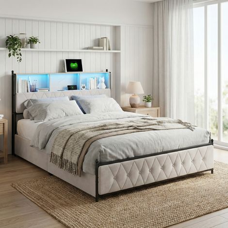 Lit adulte 160x200 lit double avec 4 tiroirs en Velours - Tête de Lit Rangement - LED et Ports USB - Structure en Métal -Sommier Inclus - Beige (1/5)