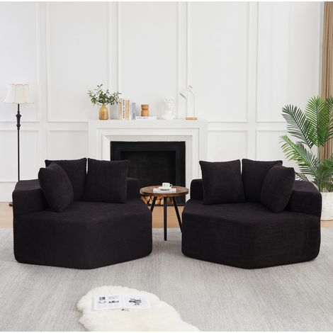 Sechseckiger Loungesessel, modular kombinierbar, drei Kissen, Chenille, Schwarz (1/5)