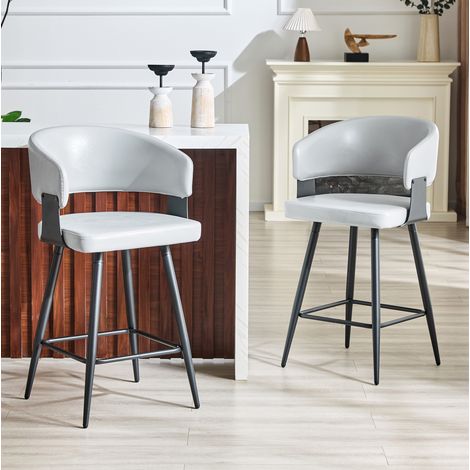 Silla de comedor tapizada, respaldo curvado y reposabrazos integrados, PU gris, patas de metal negro (1/5)
