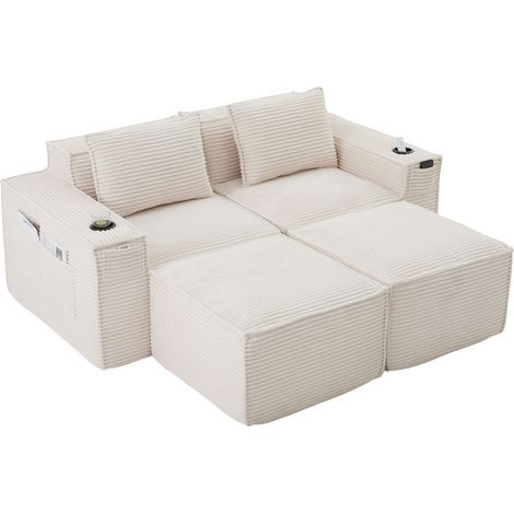 Sofá Modular 2 Plazas con Portavasos y Bolsillos Laterales, Cojines de Respaldo, Corduroy Beige 188 x 162 x 75 cm (1/5)