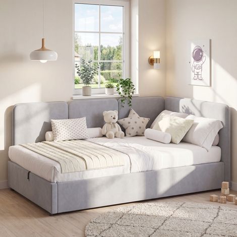 Bett Daybed 90x200 cm modern, Samt grau, mit Kopfteil, hydraulischem Stauraum und Lattenrost (1/5)