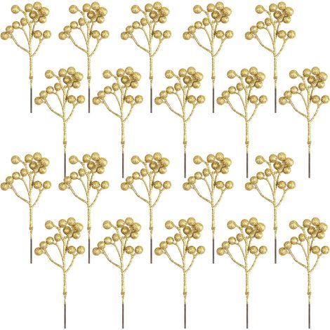 20 Stück künstliche goldene Beeren-Dekoration, 18 cm goldene Beeren, Stechpalmenbeerenzweige für Weihnachtsbaumdekoration, Kunsthandwerk, Feiertage, Winterdekoration, Heimdekoration (1/5)