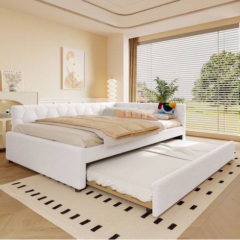 Divano letto in tessuto effetto velluto bianco 140x200 cm con letto estraibile, rete a doghe, USB e luce integrata