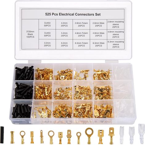 525 Pièces 2,8 mm 4,8 mm 6,3 mm Fiche Plate Cosse de Câble Essort de Kit, Ensemble de Cosses Plates, Connecteur de Câble Terminal Cosses Avec Manchon Isolant (1/5)