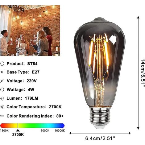 Ampoule Edison,2 Pièces E27 ST64 4W Ampoule LED Vintage Lampe Décorative Ampoules Rétro Filament Ampoule Antique Blanc Chaud pour Restaurant, Café, Windows,Showrooms,Ampoules à Incandescence