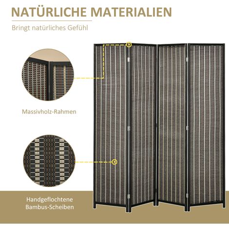 Paravent pliant 4 panneaux 180x180 cm, séparateur de pièce en bambou, cloison décorative pliable, écran d'intimité brun pour salon (1/5)