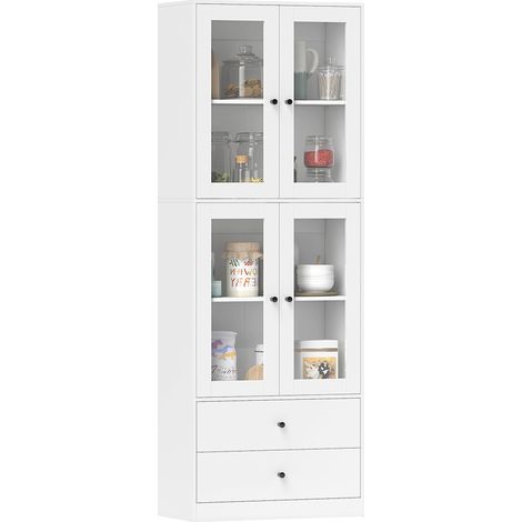 Armoire blanche 59x30x170 cm avec 4 portes vitrées, 2 tiroirs et étagères réglables, meuble colonne design pour salle à manger et salon pratique et décoratif