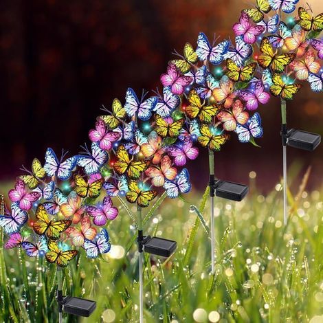 Lot de 4 lampes solaires jardin papillon, étanches IP65, LED multicolores, pour extérieur et décoration de terrasse